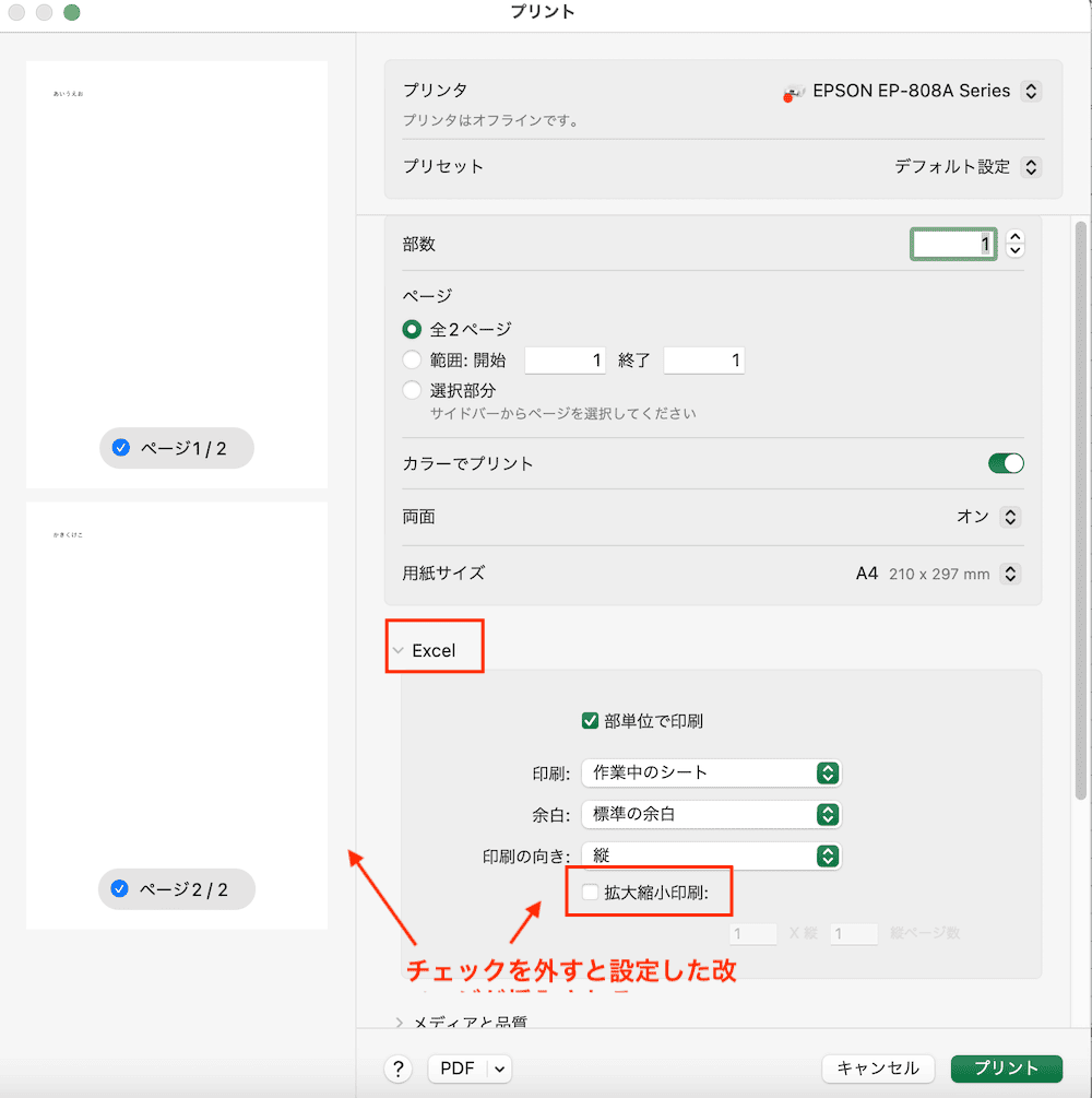 Excelで改ページを挿入できない時の対処法【Mac編】対処法③：印刷設定の確認