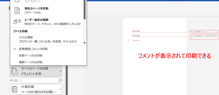 Wordでコメントを印刷できない時の基本の対処法：印刷設定