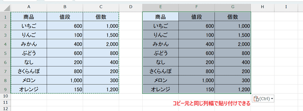 Excelで書式をそのまま貼り付けできない時の対処法【Windows版】②：「元の列幅を保持」を選択