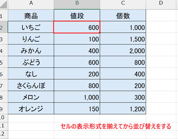 Excelで並び替えができない時の対処法【Windows版/Mac版共通】②：セルの表示形式の確認