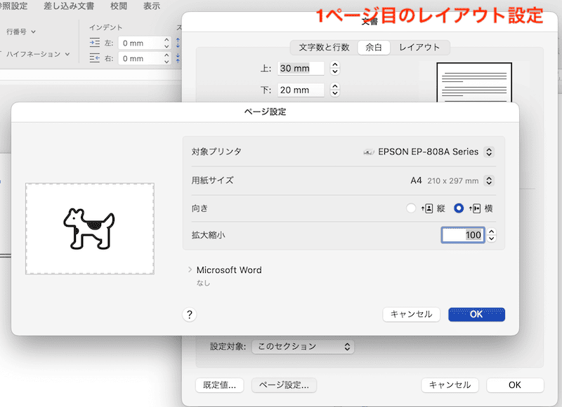 Wordでページ設定ができない時の対処法【Mac編】④：セクション区切りを使いページごとに設定