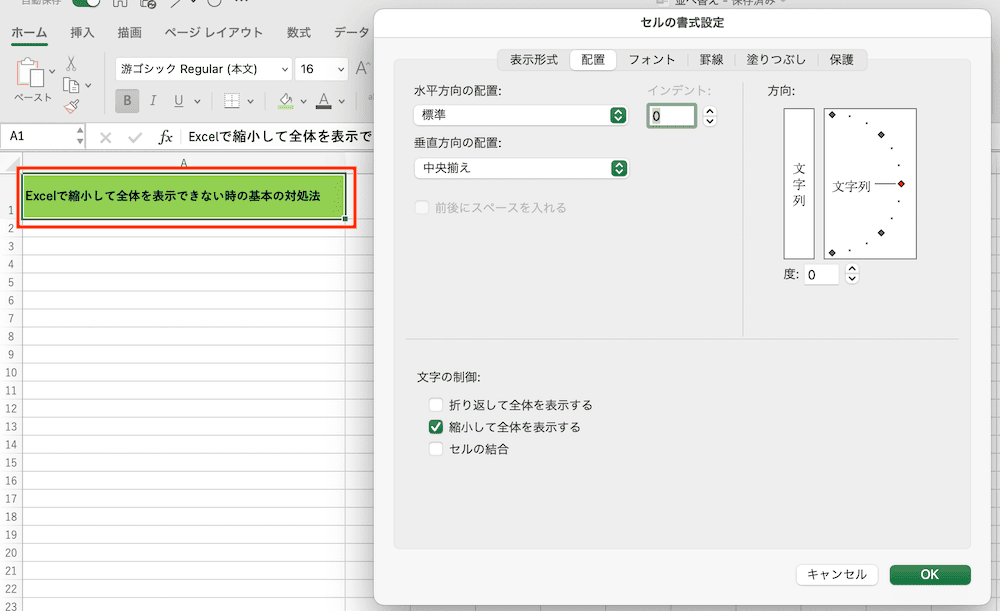 Excelで縮小して全体を表示できない時の対処法【Mac編】①：セルの書式設定から設定