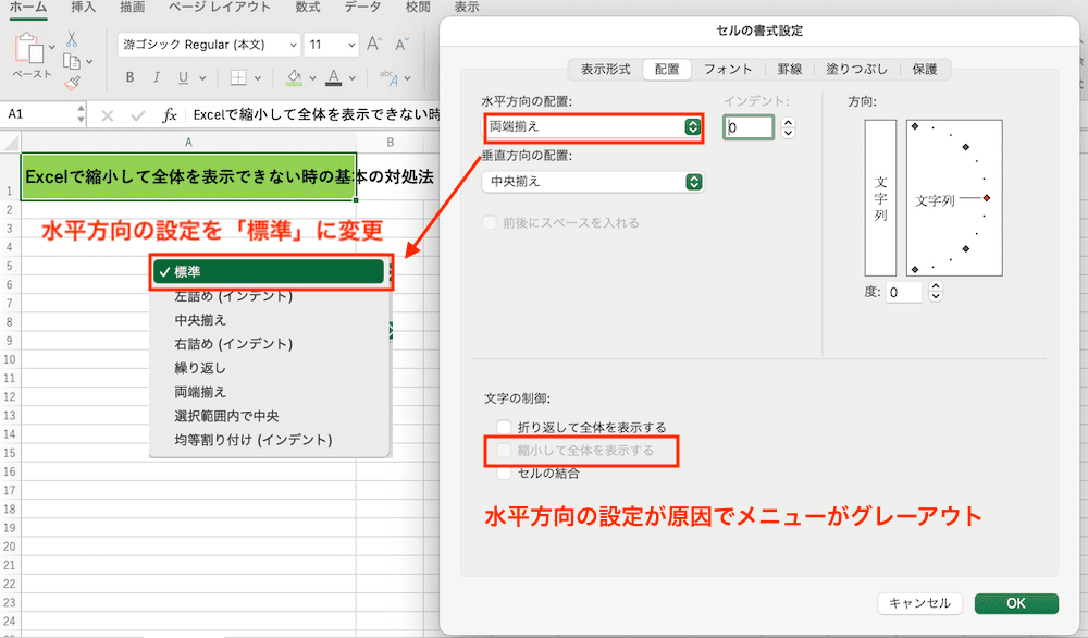 Excelで縮小して全体を表示できない時の対処法【Mac編】②：文字の配置設定の変更