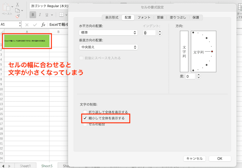 Excelで縮小して全体を表示できない時の対処法【Mac編】③：セル内で改行する