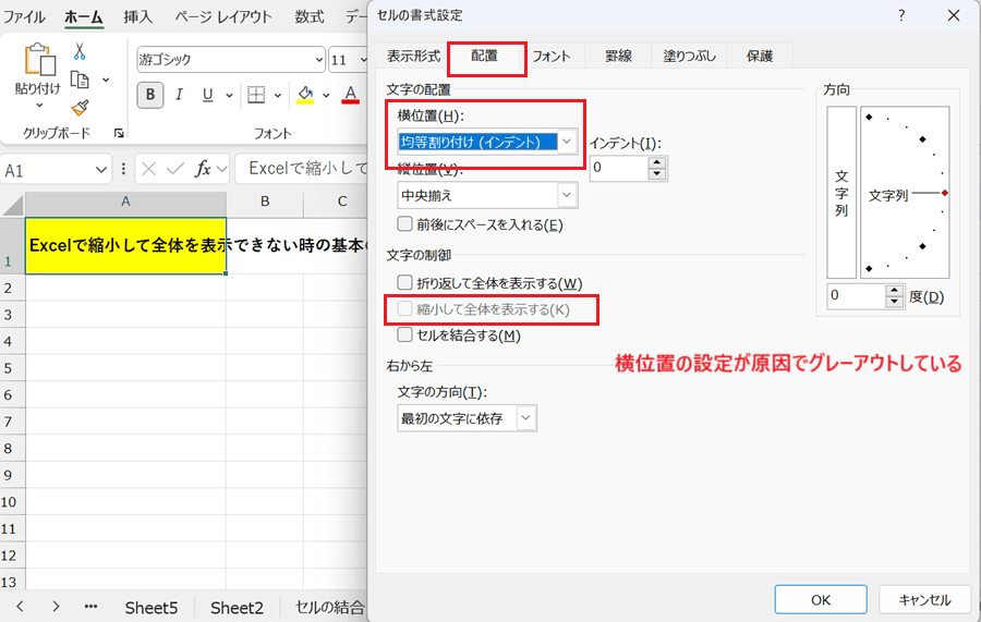 Excelで縮小して全体を表示できない時の対処法【Windows版】①：文字の配置設定の変更