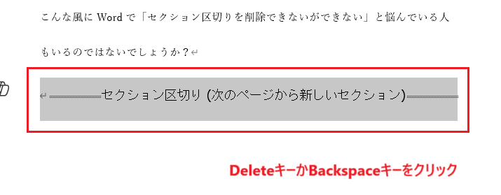 Wordでセクション区切りを削除できない時の対処法【Windows版】①：セクション区切りを選択して削除